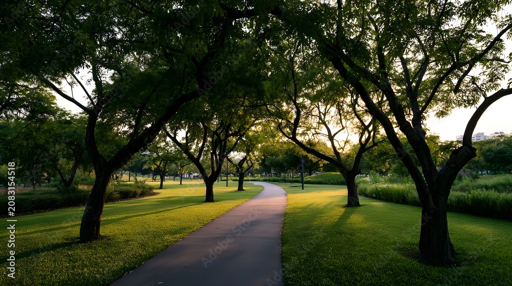 Obraz premium A winding path through a lush green park lined with tall trees casting long shadows at golden hour