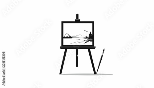 Black and white painting on easel.