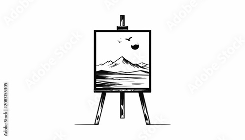 Black and white drawing on easel.