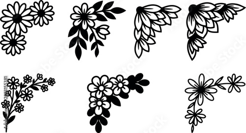 Black and white floral corner designs with daisies and leaves for decoration
