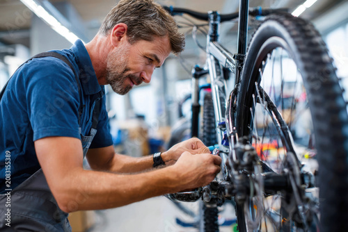 Mechanic adjusting bicycle gears in workshop