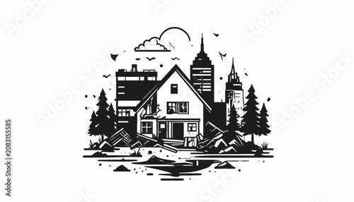 Black and white house illustration.