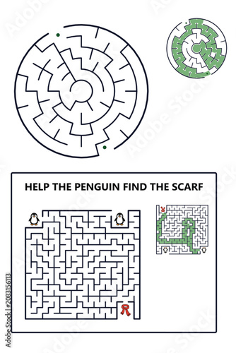 Help_the_penguin_find_the_scarf_maze,  Penguin maze puzzle showing paths to find the scarf in winter  