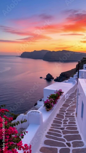 Beautiful sunset over Oia village in Santorini island Greece with traditional white architecture, blue doors, and blooming pink bougainvillea flowers