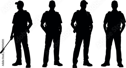 Quadro em tela Four black silhouette vector illustrations of male professional security guards in uniform standing isolated on white background for graphic design
