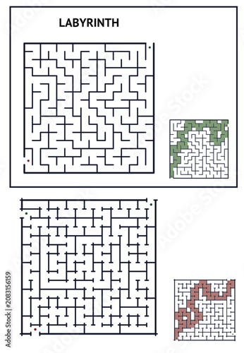Maze puzzles with different designs and highlighted paths , square_simple_labyrinth_maze