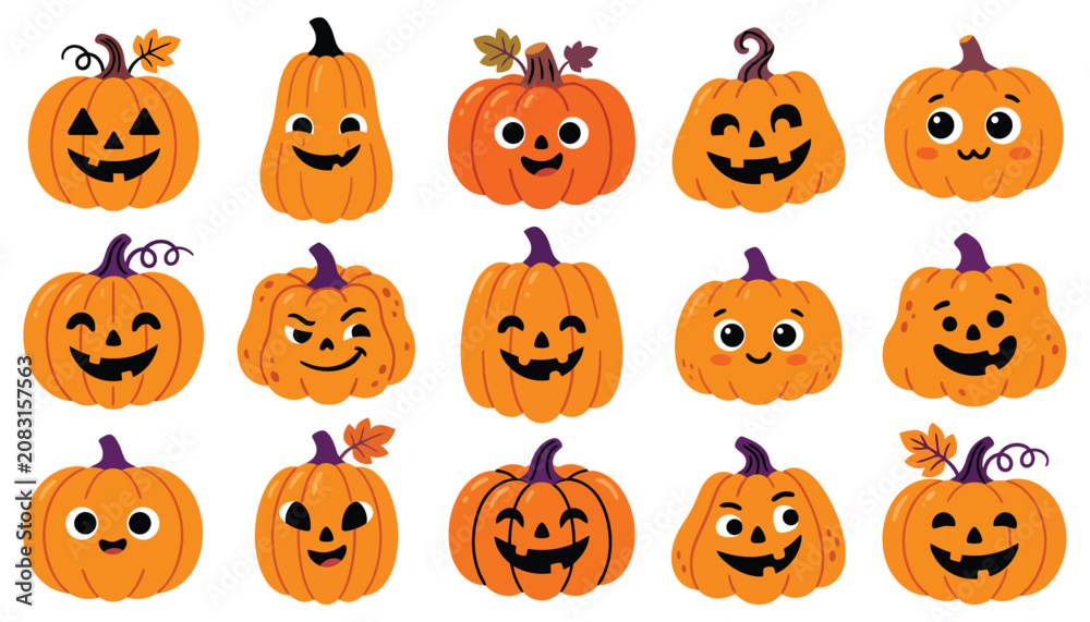 Naklejka premium Halloween pumpkins with various smiling faces