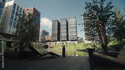 A modern rich luxury residential complex in a picturesque location. Dolly camera