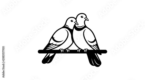 Two pigeons sit closely on a branch together outdoors
