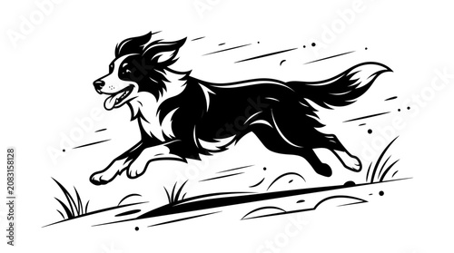 A black and white dog runs quickly through a grassy field with motion lines.