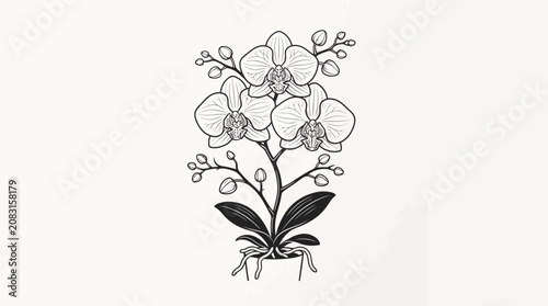 An intricate line drawing depicts a blooming orchid plant with flowers and leaves.