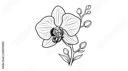 A detailed illustration of a blooming white orchid with leaves and buds