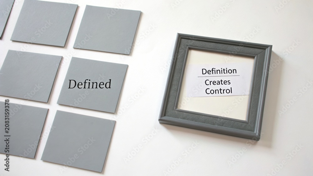 Fototapeta premium Conceptual Illustration of Definition and Control with Grey Squares and Framed Text on Minimalist Background