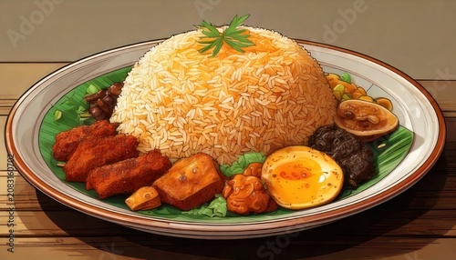Delicious Nasi Lemak Meal with Fried Chicken and Egg.