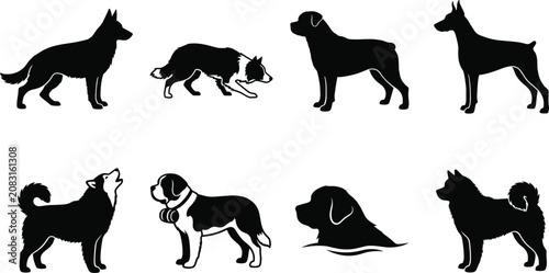 Photos Set of solid black high contrast dog silhouettes featuring various working and h