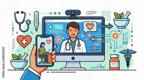 Digital healthcare illustration shows doctor on screen patient on phone