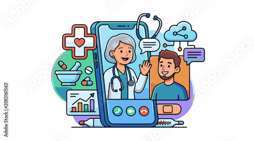 Digital healthcare with doctor and patient communicating via video