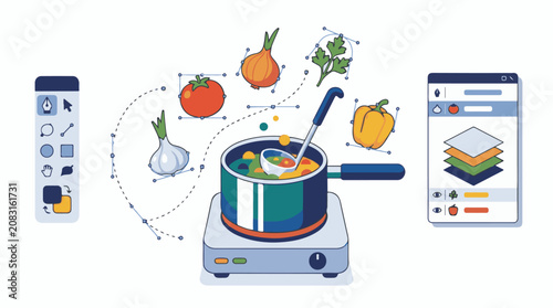 Digital illustration of cooking ingredients being digitally manipulated