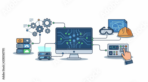 Digital infrastructure diagram with servers computer and control panel