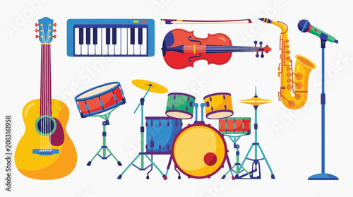 Collection of colorful musical instruments including guitar keyboard violin saxophone drum set and microphone Vector