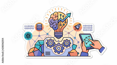 Digital innovation with brain-lightbulb gears rocket tablet data