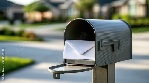Open mailbox holding a white envelope on a suburban street