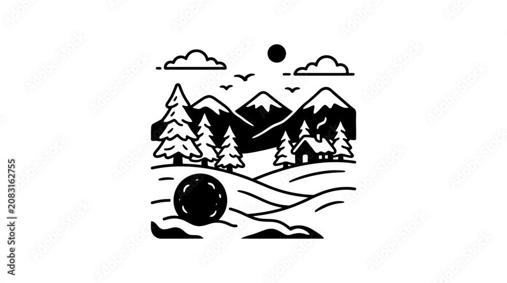 Obraz premium Minimalist Winter Landscape with Cabin and Mountains