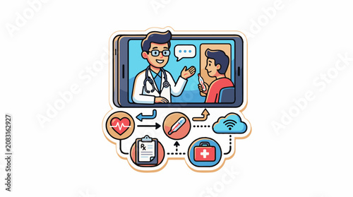 Digital healthcare consultation with icons for heart Rx thermometer and cloud