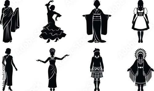 Fotografie Set of solid black vector silhouettes featuring women in diverse traditional cul