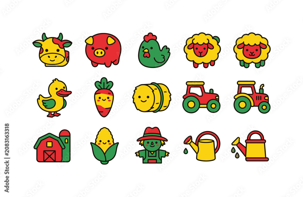 Fototapeta premium Cute farm animals and elements illustration icons set