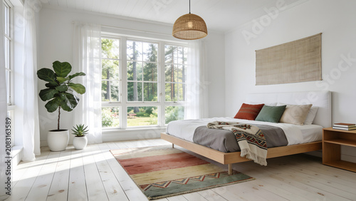 Bright scandinavian bedroom interior with large window and plants.