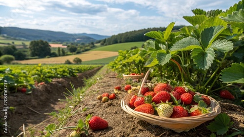 Fresh organic strawberries ripening on the vine in a sunlit garden field.
