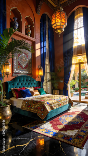 Luxury Moroccan style hotel suite bedroom with opulent gold decor.