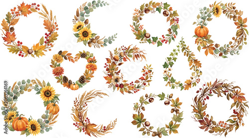 A collection of beautiful watercolor autumn wreaths and frames featuring fall flowers leaves pumpkins and berries isolated on a white background for seasonal designs