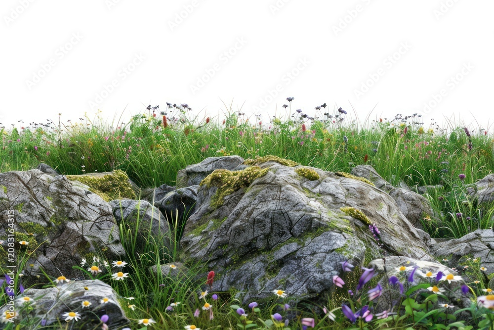 Fototapeta premium Lush rocky meadow with wildflowers