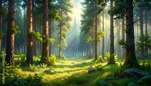 Forest scene with towering trees, dappled sunlight, a grassy path, and lush vegetation