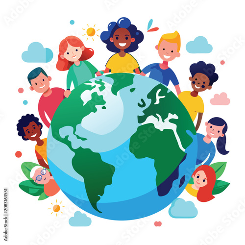Diverse group of happy children holding hands around the world globe vector illustration with children population diversity international
