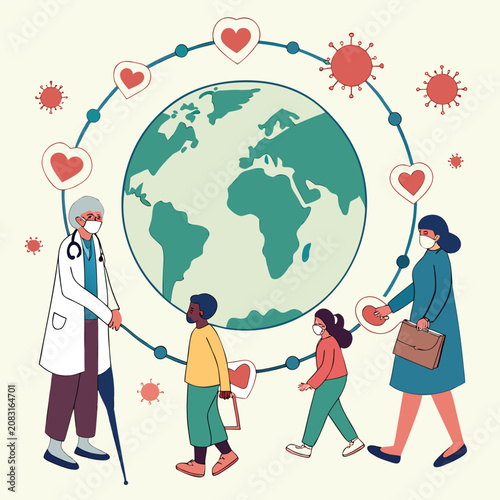 Medical workers and children with heart symbols around the world illustration healthcare community pandemic kindness protection together