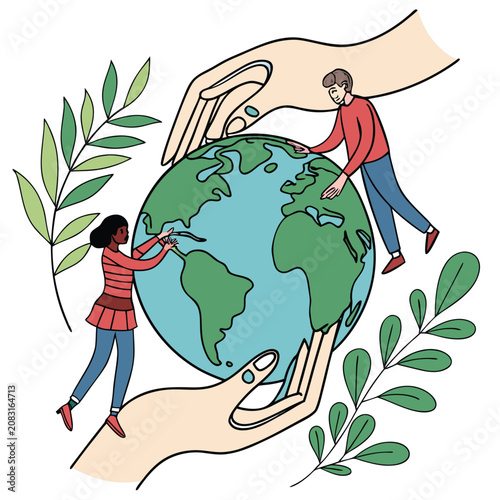 People and large hands caring for the earth with plant branches illustration environment protection sustainability conservation earthday