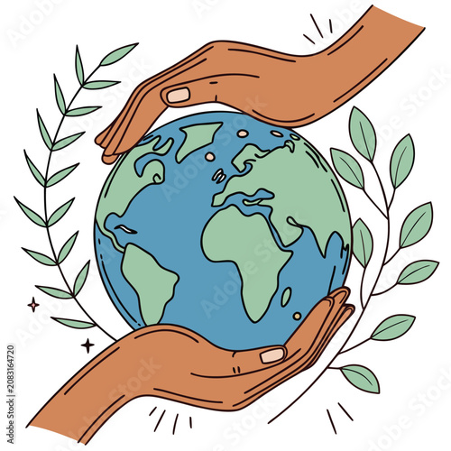 Human hands holding and protecting the planet earth with leaves illustration protection environment conservation sustainability ecosystem