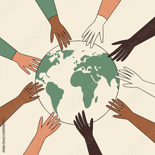 Multicultural hands reaching toward a central planet earth illustration concept with diversity multicultural cooperation togetherness