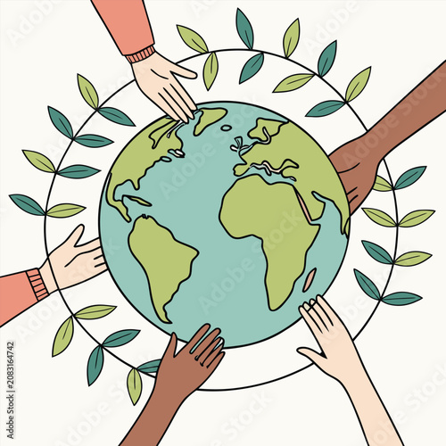 Diverse human hands reaching together to support and protect the earth environment globe with diversity environment conservation community