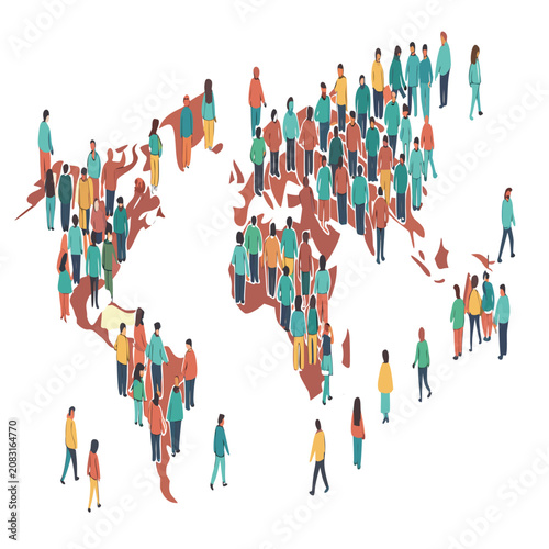 People population standing on a world map representing global diversity and connection with population diversity international isometric
