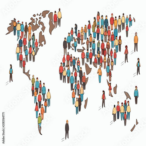 Isometric concept of diverse people standing together across a world map graphic with population diversity international community