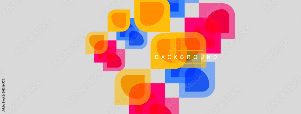 Fototapeta premium Abstract colorful shapes overlap gray background. Modern design elements create dynamic visual texture. Simple geometry, vibrant hues.