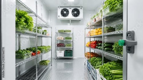 Interior view of commercial refrigerated storage room filled with organized crates and clear containers of leafy greens, bell peppers, cucumbers, carrots, mushrooms, and other produce on chrome wire