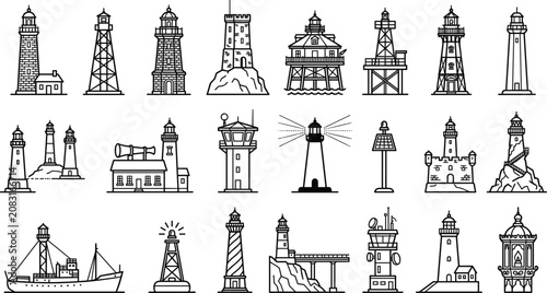 Photos Comprehensive Lighthouse and Maritime Tower Line Icon Set Featuring Lightships C