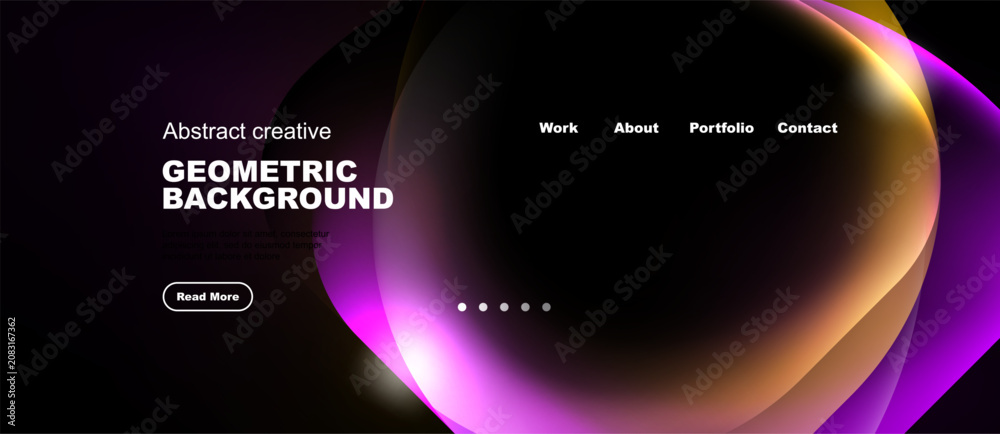 Naklejka premium Dark background features vibrant abstract shapes, text elements, navigation menu. Modern design promotes creativity, geometric patterns.