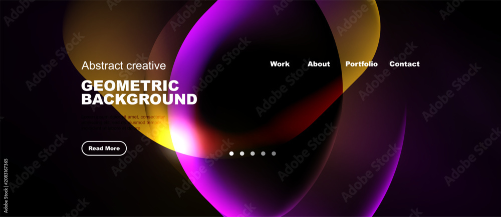Naklejka premium Dark website mockup features vibrant overlapping circles. Text includes geometric background, work, about, portfolio, contact. Read more button visible.