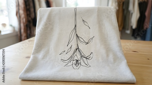 Minimalist white folded t-shirt with black floral lily line art design on wood table